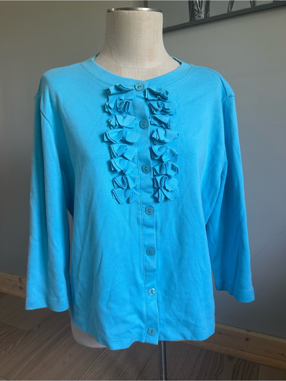 Rebecca Malone Turquoise Ruffle-Front Button Cardigan